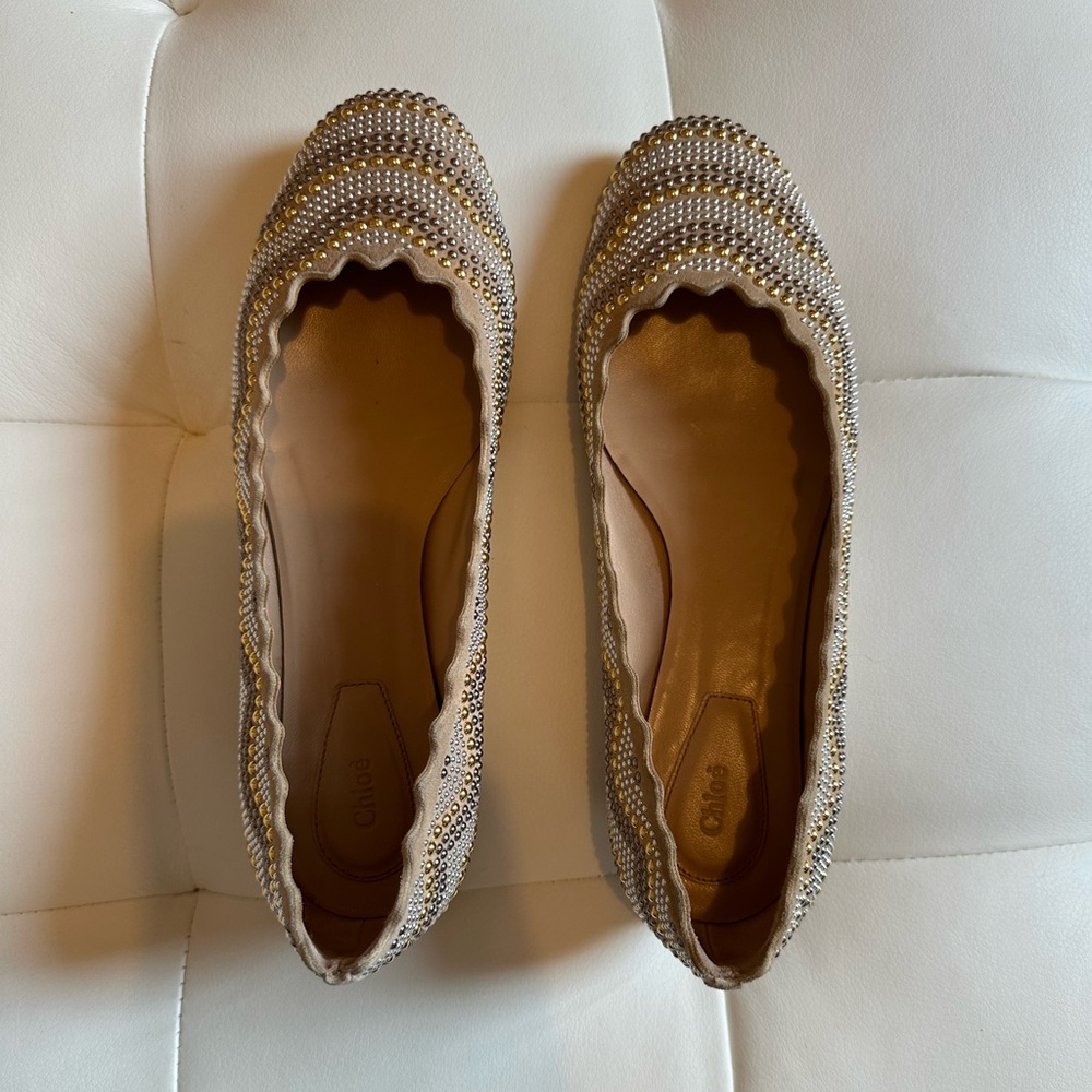 Chloe studded slipper. Light tan/beige with metallic studs. 36 1/2.